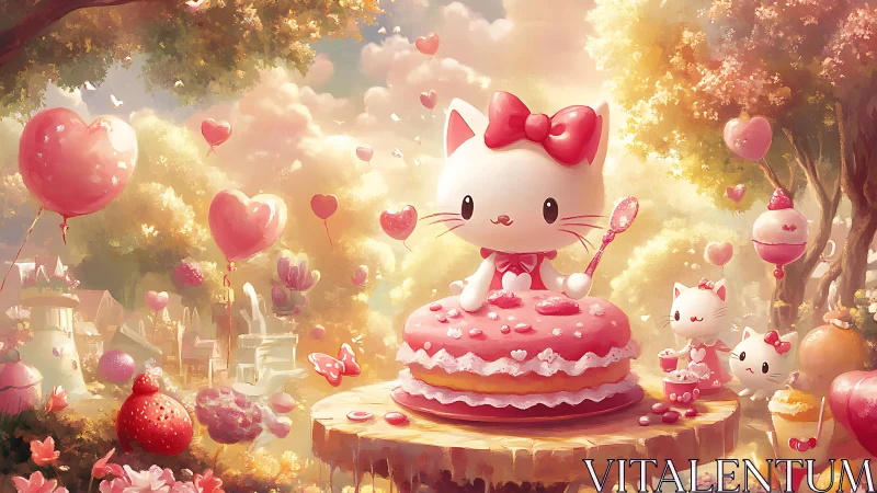 Cute Cat Character in Pink Heart-Themed Fantasy Garden.