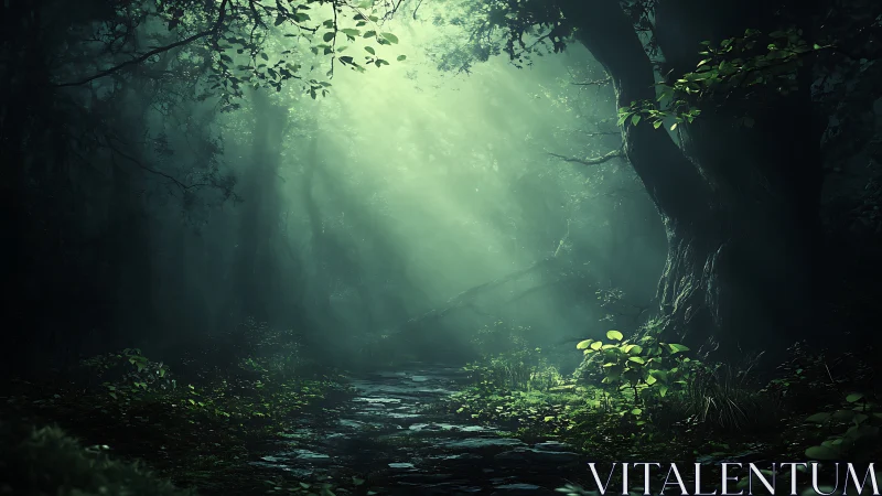 Mystical Forest Clearing with Divine Light Through Canopy