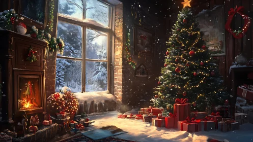 Snow-dusted hearth glows beside gift-crowded Christmas tree.