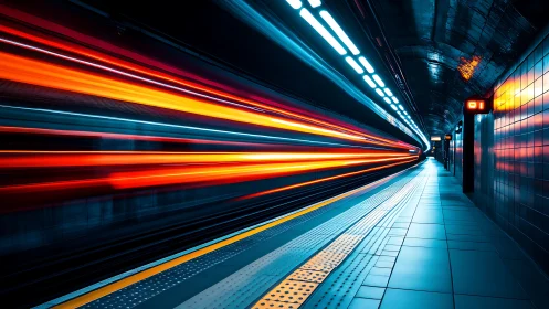Speeding light trails paint a vivid subway platform journey