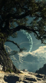 Ancient tree overlooks alien sea beneath a looming turquoise moon