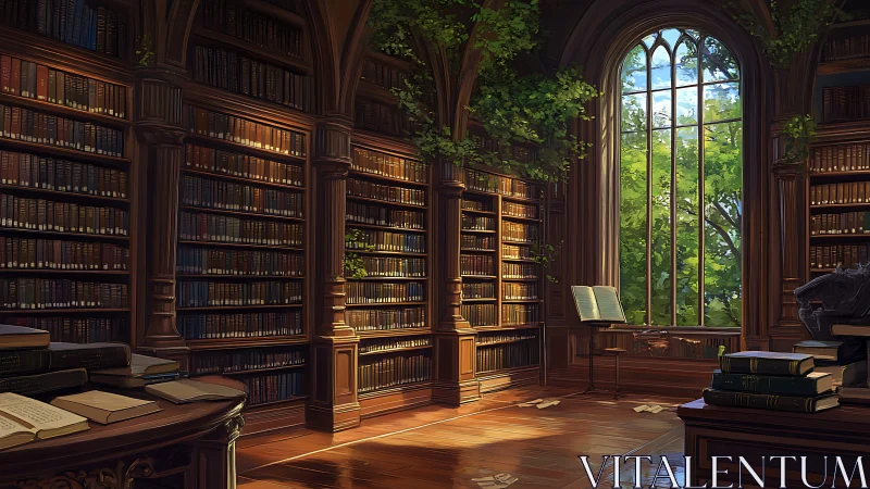 Sunlit arched library interior integrates verdant foliage and books