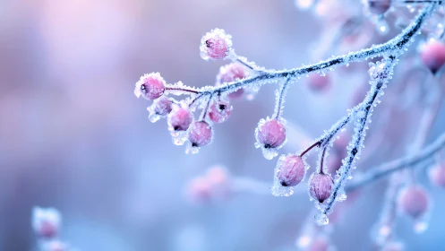 Frost-covered berries on branch structure composed of crystalline formations