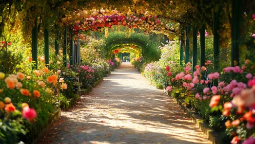 Sunlit rose tunnel invites a peaceful stroll through blooms