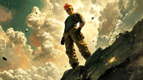 Skybound warrior stands over shattered cliff edge