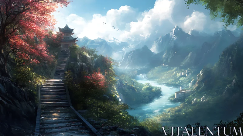 Sunlit mountain temple welcomes a calm riverside valley walk