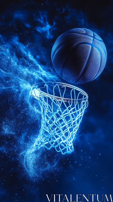 Glowing blue basketball arcs above neon hoop in cosmic haze.