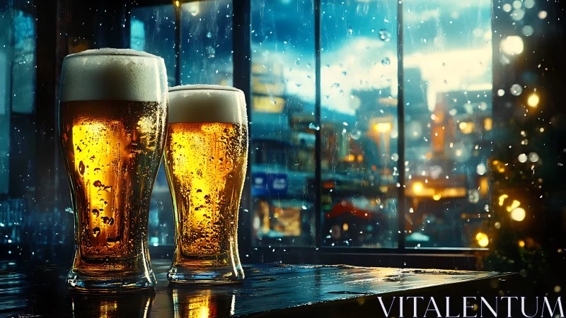 Golden craft beers glow beside rain streaked city window.