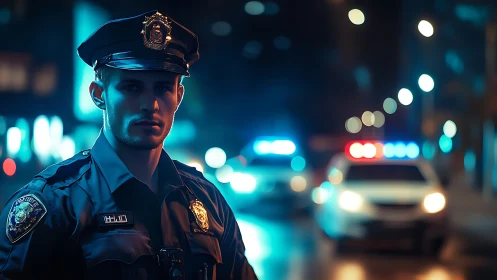 Police officer in uniform on night city street with patrol cars.