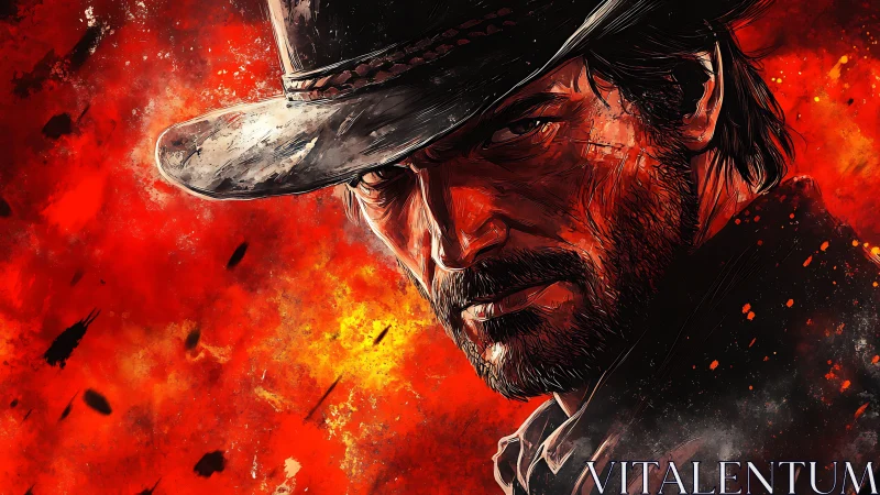 Grim bearded cowboy portrait against red fiery backdrop.