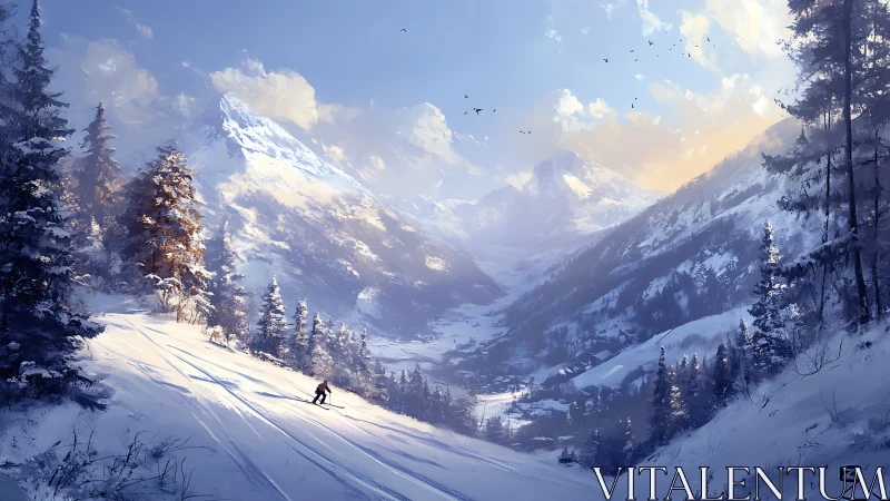 Lone skier descending through wide snowy mountain valley.