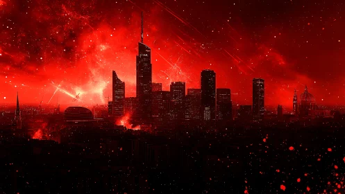 Red sci fi city skyline under intense burning sky.