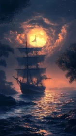 Sailing ship silhouette on moonlit coastal waters at dusk.