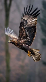Golden eagle gliding gracefully through soft forest light.