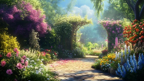 Sunlit garden path framed by lush floral archways in bloom.