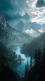Mountain valley lake with dense conifer forest at dawn.