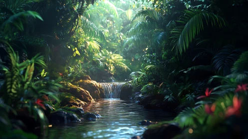 Dense tropical stream with small waterfall and foliage.