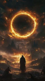 Lone wanderer gazes toward a blazing ringed horizon.