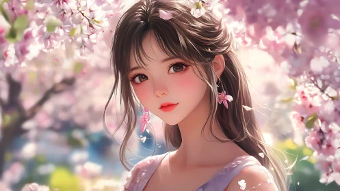 Anime portrait amid luminous cherry blossoms, soft-focus bokeh.