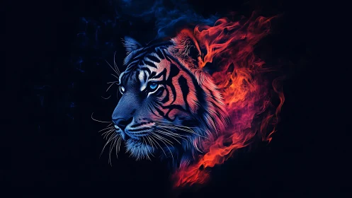 Tiger head illustration merges blue highlights with red flames