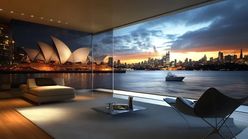 Harborfront glass loft serenades a glowing opera skyline.