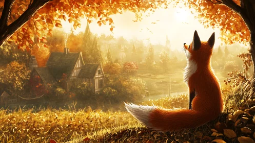Fox observes distant village under autumn tree canopy