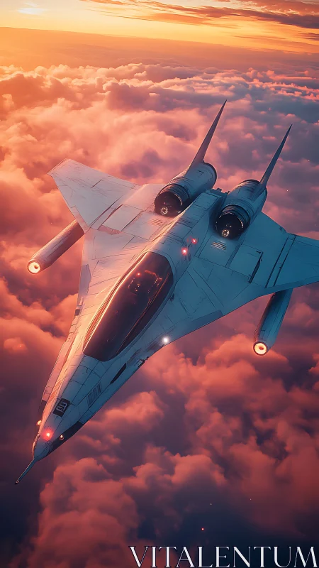 Futuristic twin‑engine jet over dense sunset cloud layer.