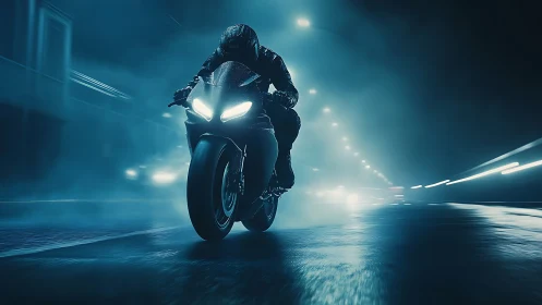 Motorcyclist riding sport bike on wet city street at night.
