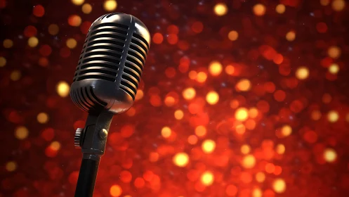 Vintage stage microphone amid luminous red bokeh backdrop.