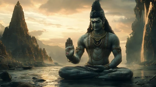 Serene river meditation with divine figure at dusk.