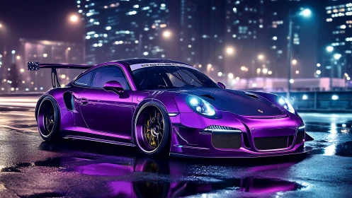 Purple Porsche GT3 street racer under neon city lights.