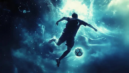 Starlit soccer dreamer diving through cosmic turquoise clouds.