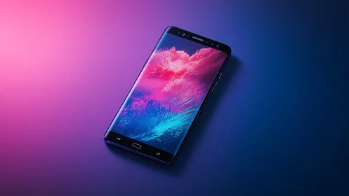 Modern smartphone displays vibrant gradient digital art wallpaper.
