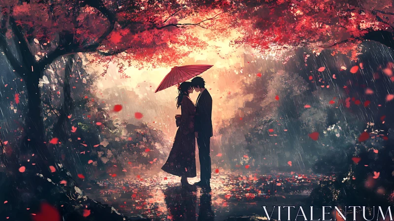 Couple Sheltering Under Red Umbrella in Autumn Rainstorm.