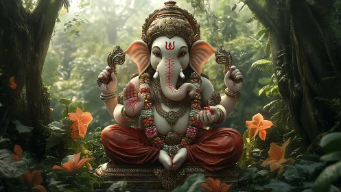 Ganesha statue sits in lush forest clearing with flowers