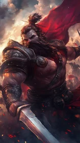Fierce bearded warrior surges forward wrapped in blazing red.