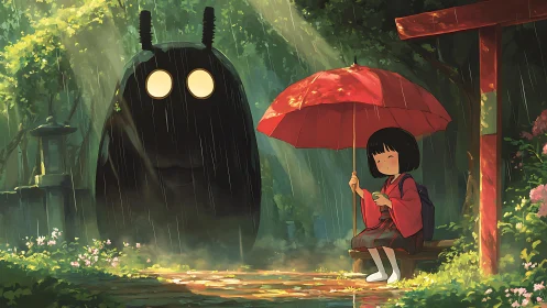 Girl with red umbrella and shadow creature in forest rain