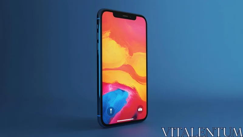Modern smartphone with abstract wallpaper on blue background.