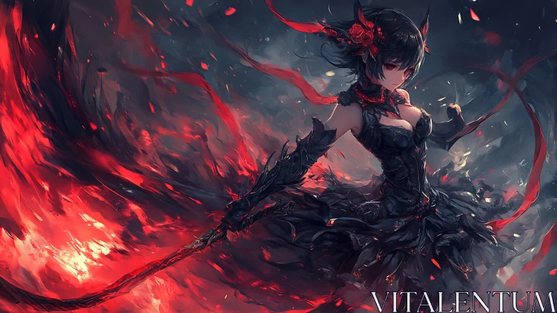 Dark anime warrior girl with red energy and flowing dress.