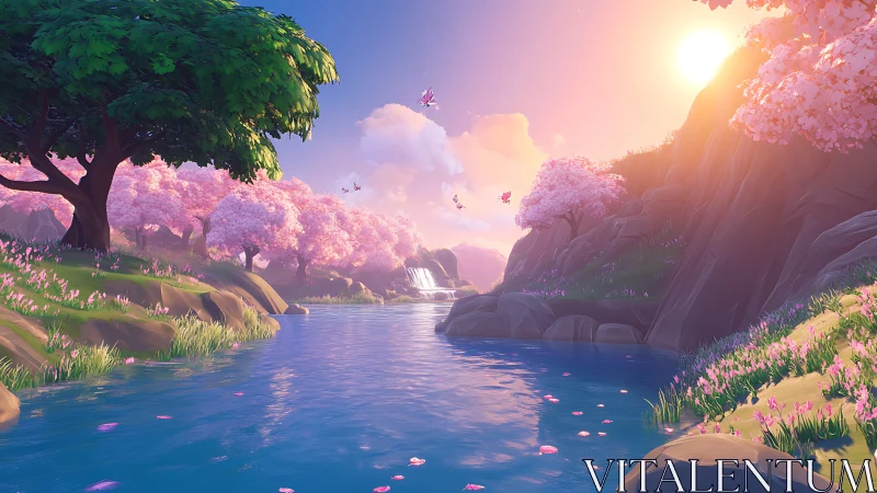Sunlit stylized river valley with cherry blossoms and waterfall
