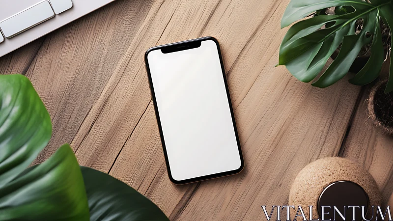 Modern Workspace: Smartphone Surrounded by Nature.