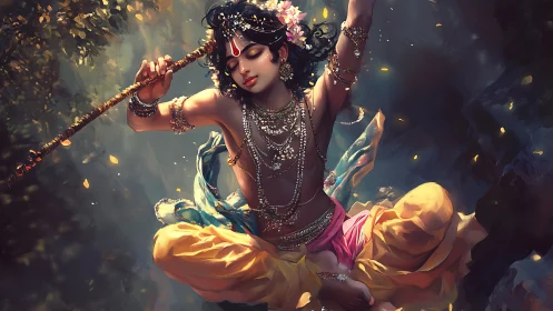 Divine dancer in golden forest light with swirling silks.