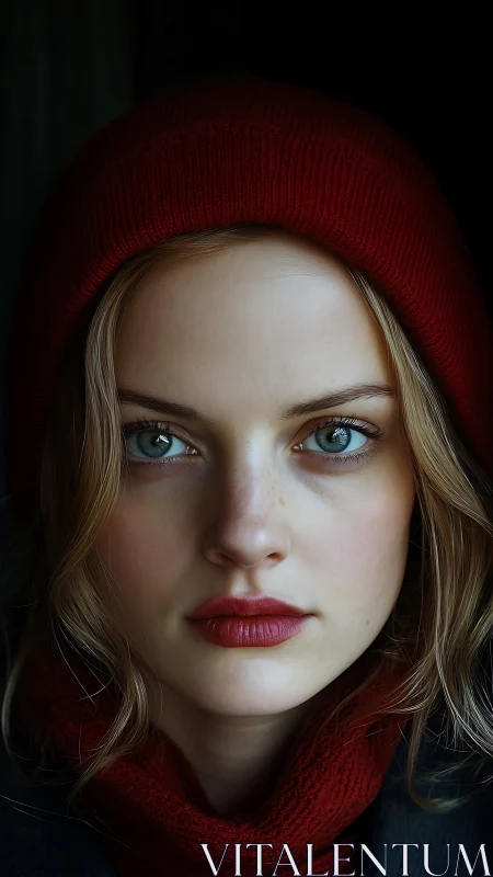 Portrait of young woman in red wool hat, cinematic light.