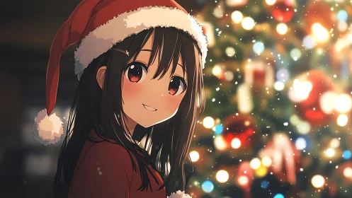 Smiling anime girl in Santa hat stands before glowing tree