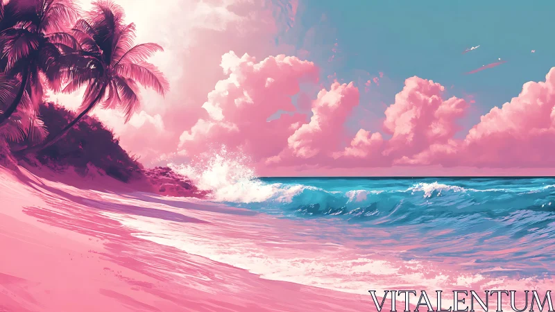 Surreal Tropical Seascape with Magenta Palms and Vivid Sky