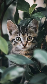 Tabby Kitten Portrait Among Foliage With Selective Focus Photography