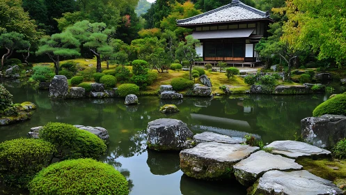 Zen garden hydro-landscape with pavilion and stone pathway.