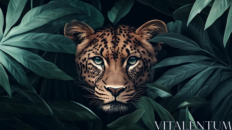 Leopard portrait framed by teal jungle foliage in chiaroscuro.