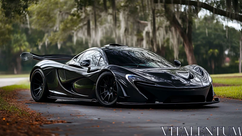 Gloss black hypercar reflects tree canopy on quiet road