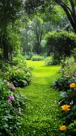 Sunlit garden corridor with dense foliage and graded depth cues